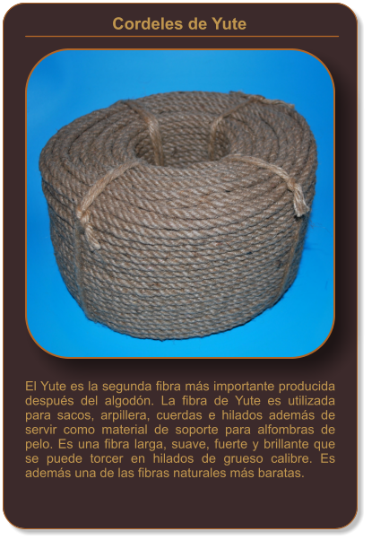 El Yute es la segunda fibra más importante producida después del algodón. La fibra de Yute es utilizada para sacos, arpillera, cuerdas e hilados además de servir como material de soporte para alfombras de pelo. Es una fibra larga, suave, fuerte y brillante que se puede torcer en hilados de grueso calibre. Es además una de las fibras naturales más baratas. Cordeles de Yute